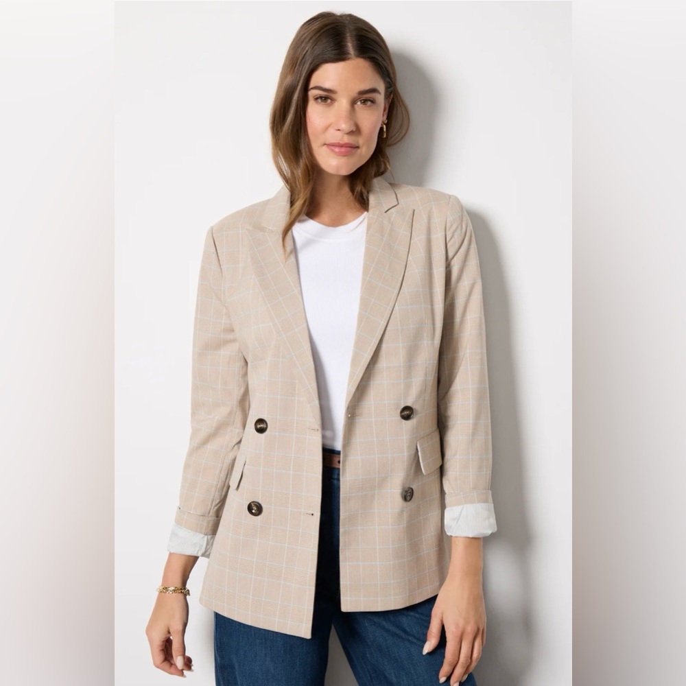 Evereve Fern Plaid Blazer XS NWT Double Breasted Beige Tan Tailored Jacket